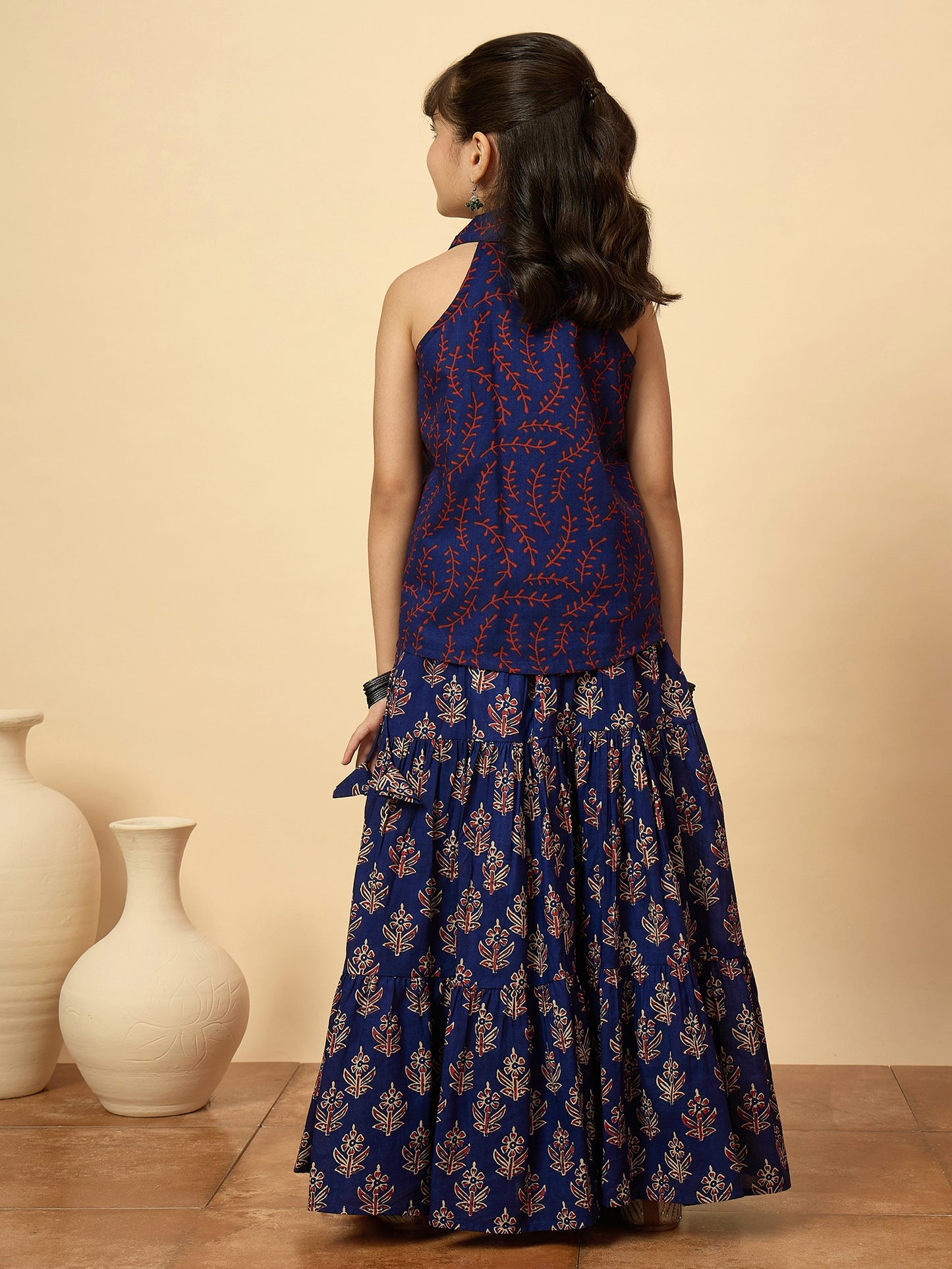Girls Hip Length All over Print Lehenga Choli - Navy Blue