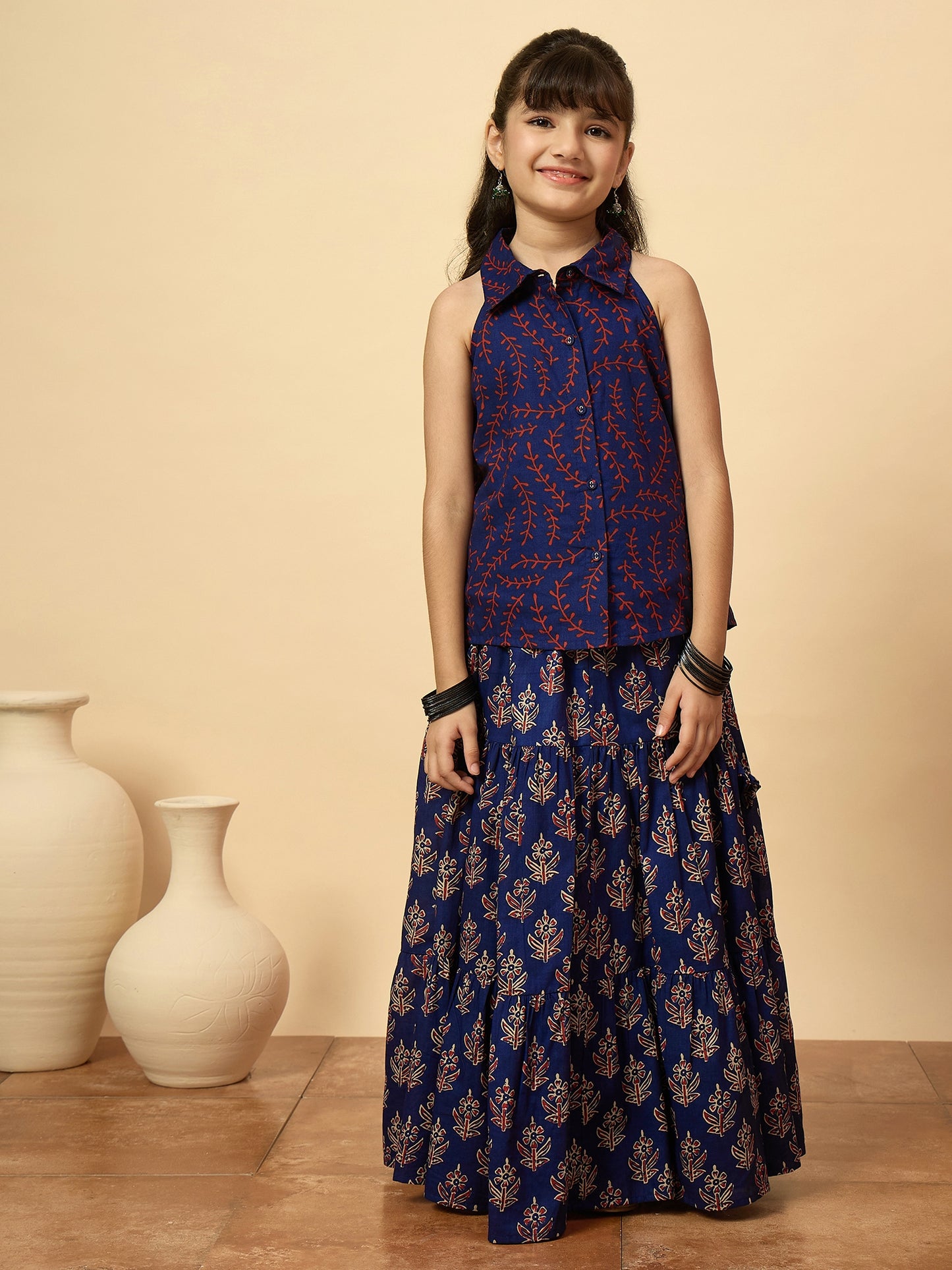 Girls Hip Length All over Print Lehenga Choli - Navy Blue