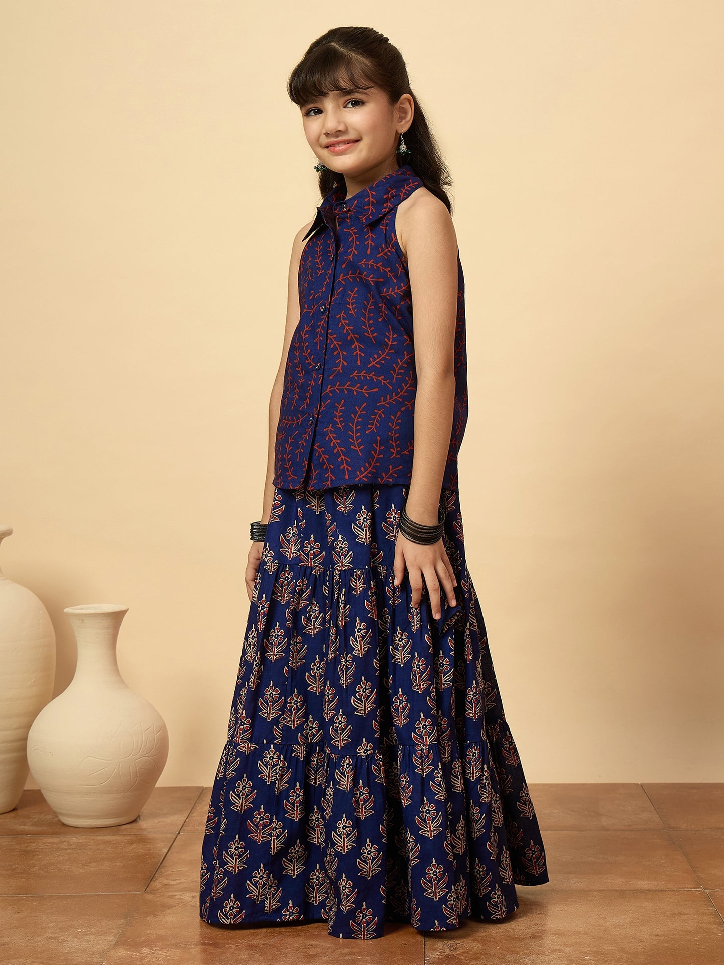 Girls Hip Length All over Print Lehenga Choli - Navy Blue