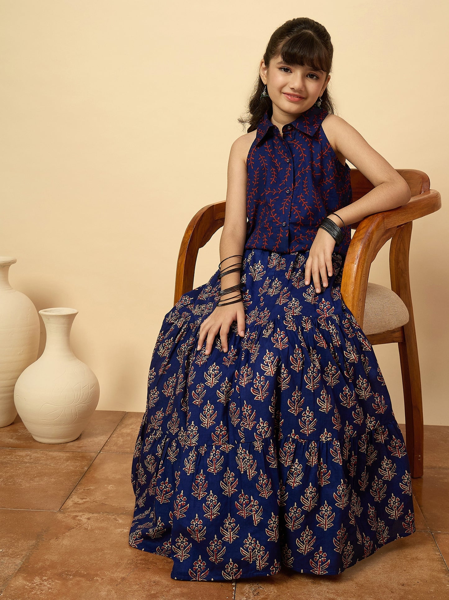 Girls Hip Length All over Print Lehenga Choli - Navy Blue