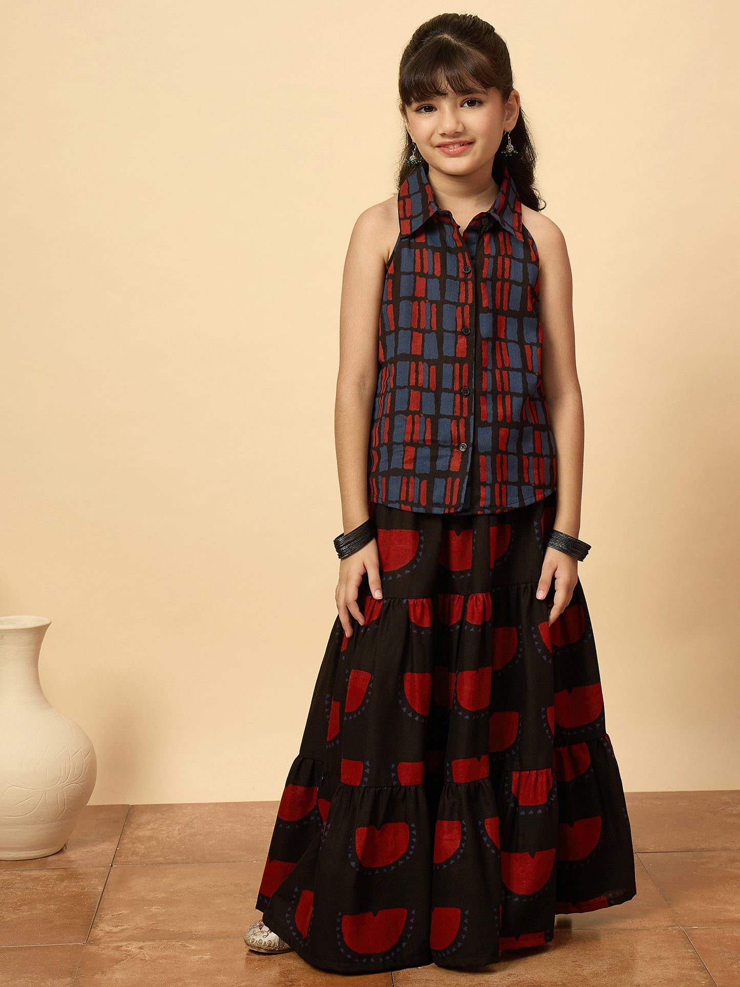 Girls Hip Length All over Print Lehenga Choli - Black