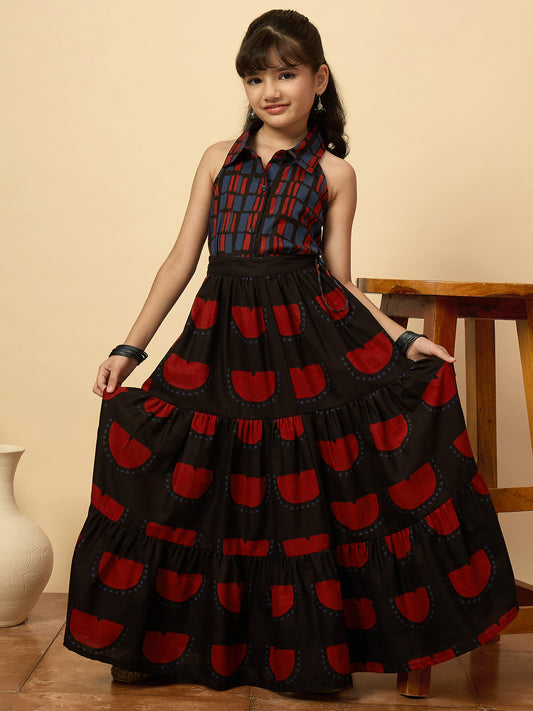Girls Hip Length All over Print Lehenga Choli - Black