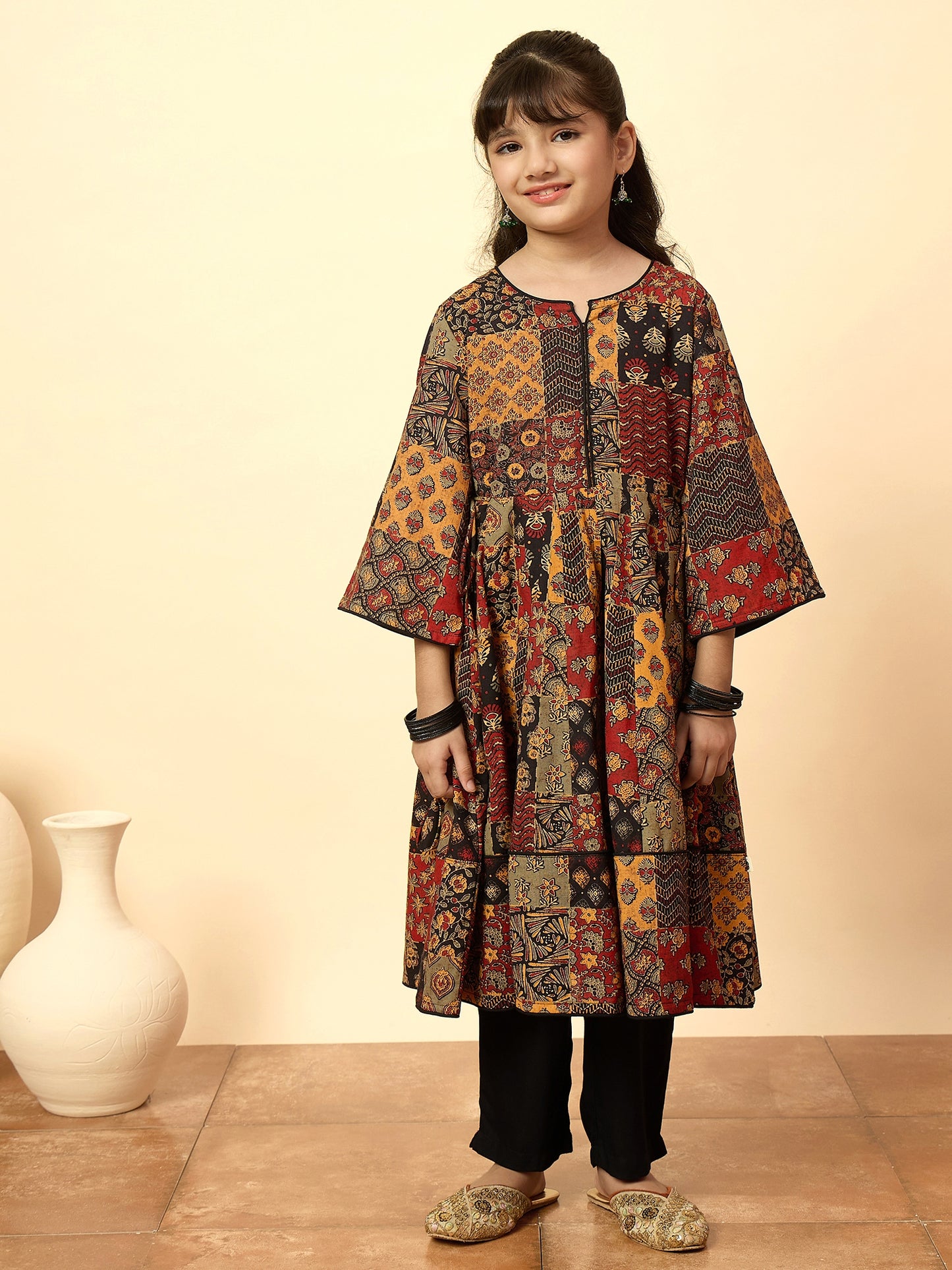 Girls Below Knee All over Print Kurti Set - Multi