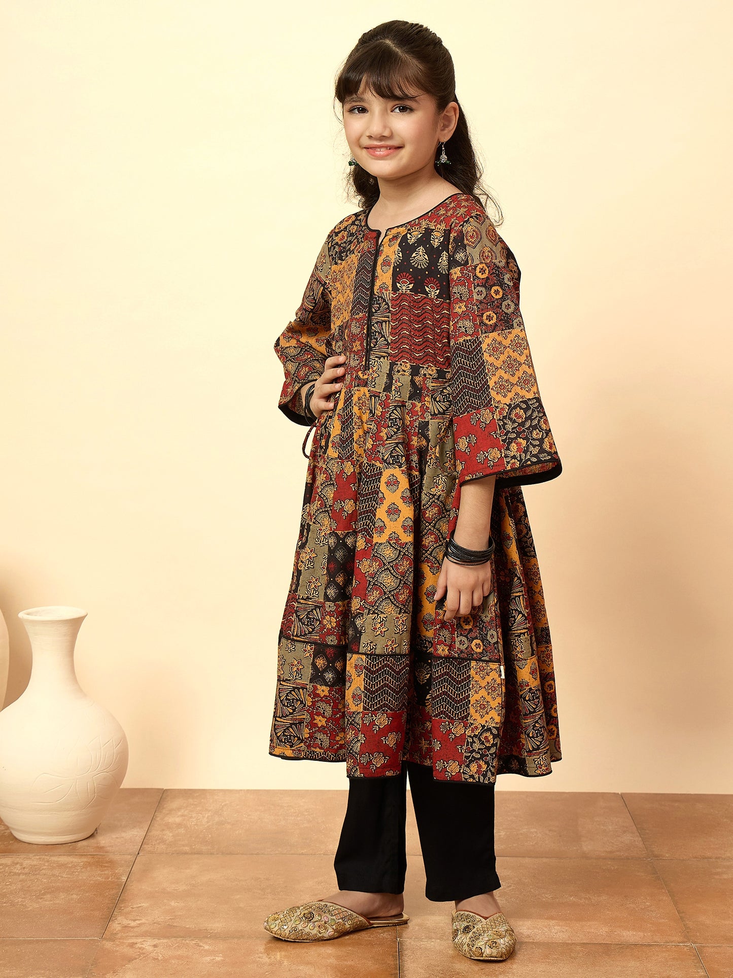 Girls Below Knee All over Print Kurti Set - Multi