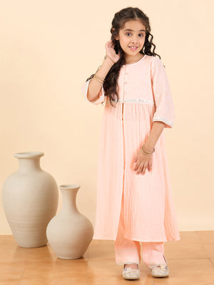 Girls Below Knee Embroidery Kurti Set - Peach