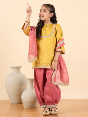 Girls Above Knee Embroidery Kurti Set - Yellow