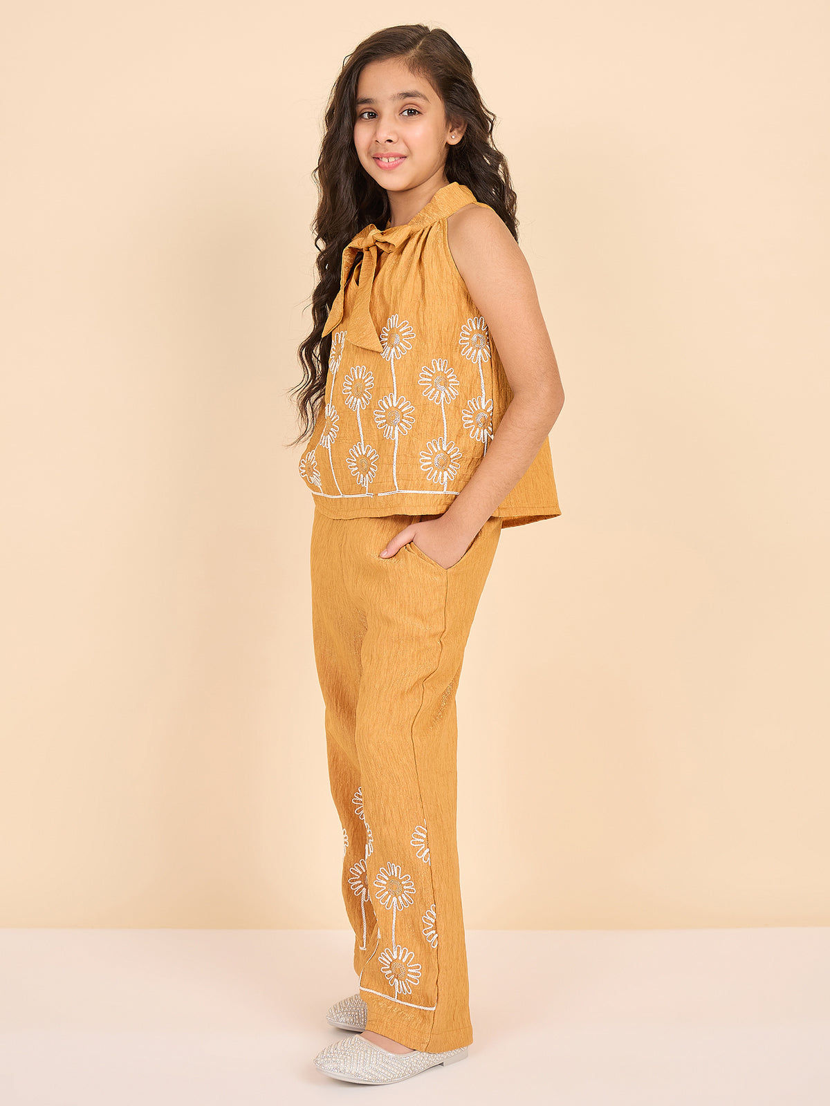 Girls Hip Length Embroidery Top With Pants - Mustard