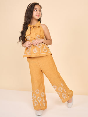 Girls Hip Length Embroidery Top With Pants - Mustard