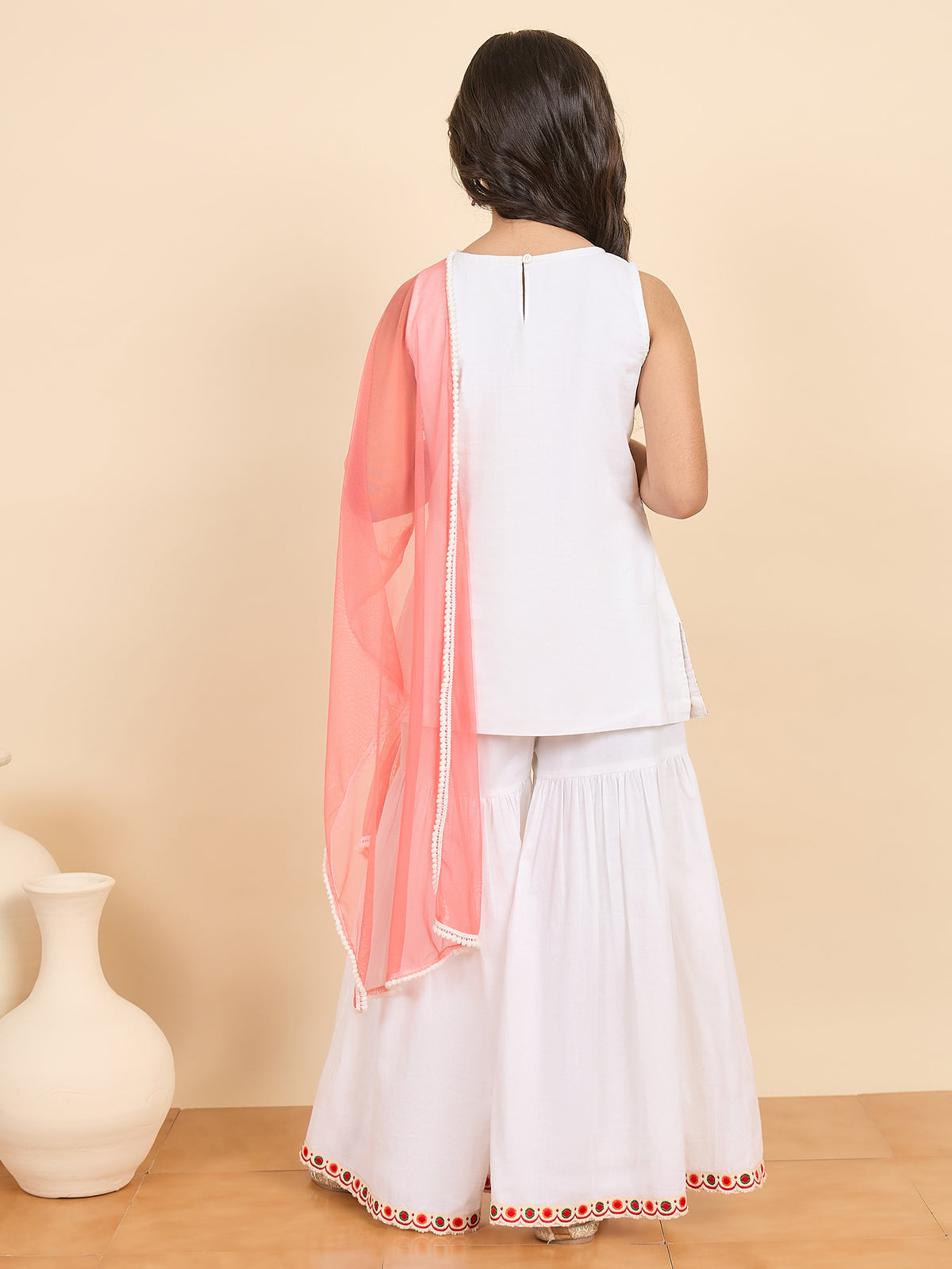 Girls Above Knee Embroidery Kurti Set - Off-White