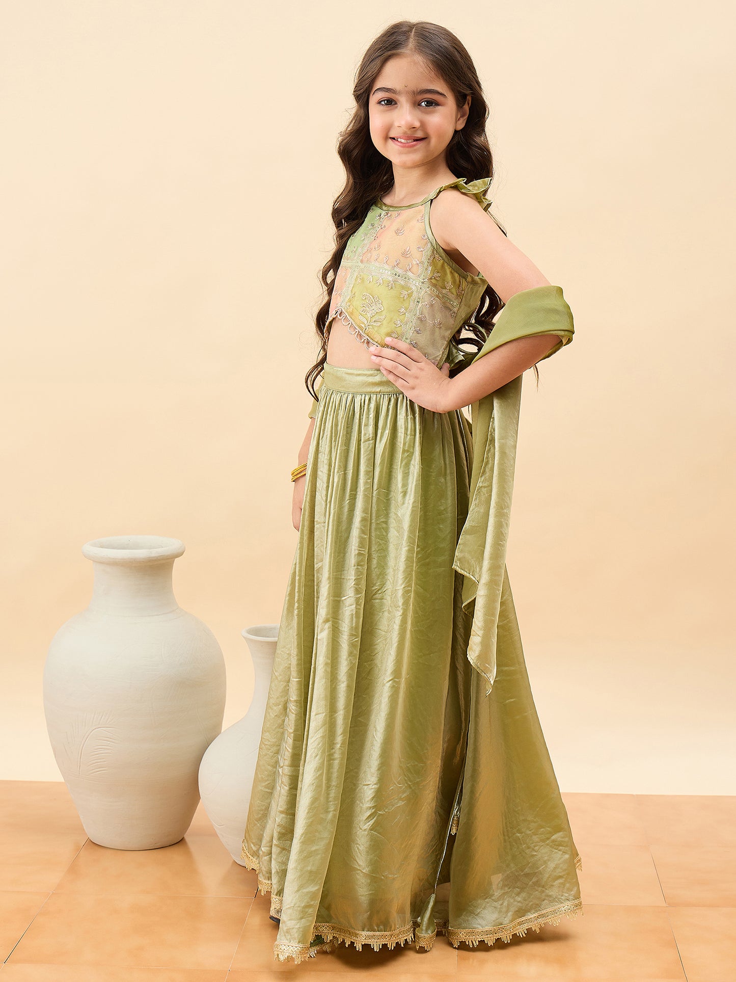Girls Waist Length Embroidery Lehenga Choli - Green
