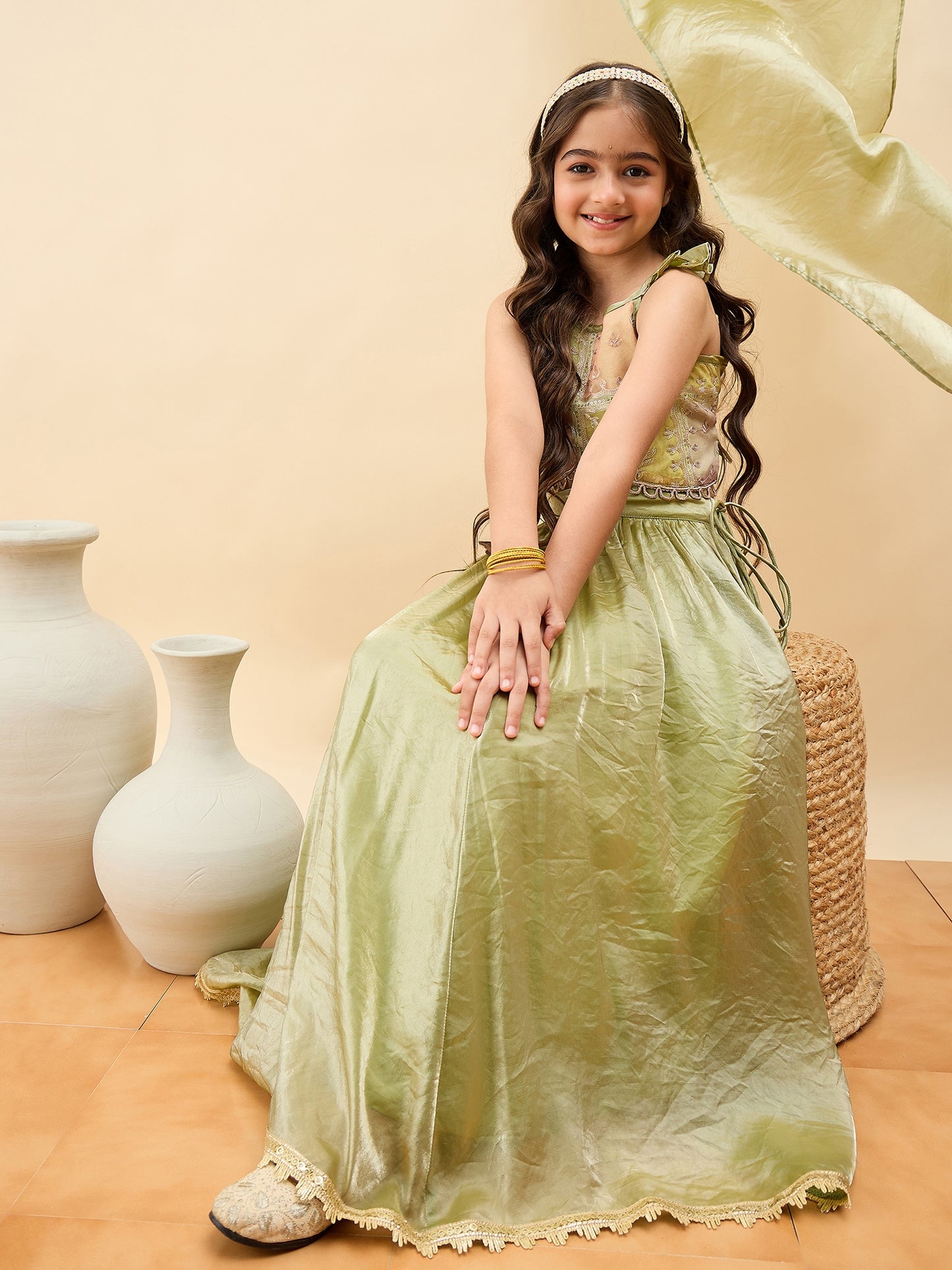 Girls Waist Length Embroidery Lehenga Choli - Green