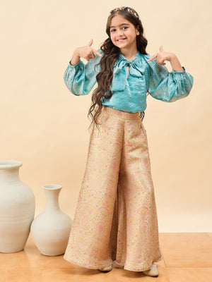 Girls Hip Length Embroidery Top With Pants - Blue
