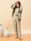 Girls Hip Length Embroidery Top With Pants - Green