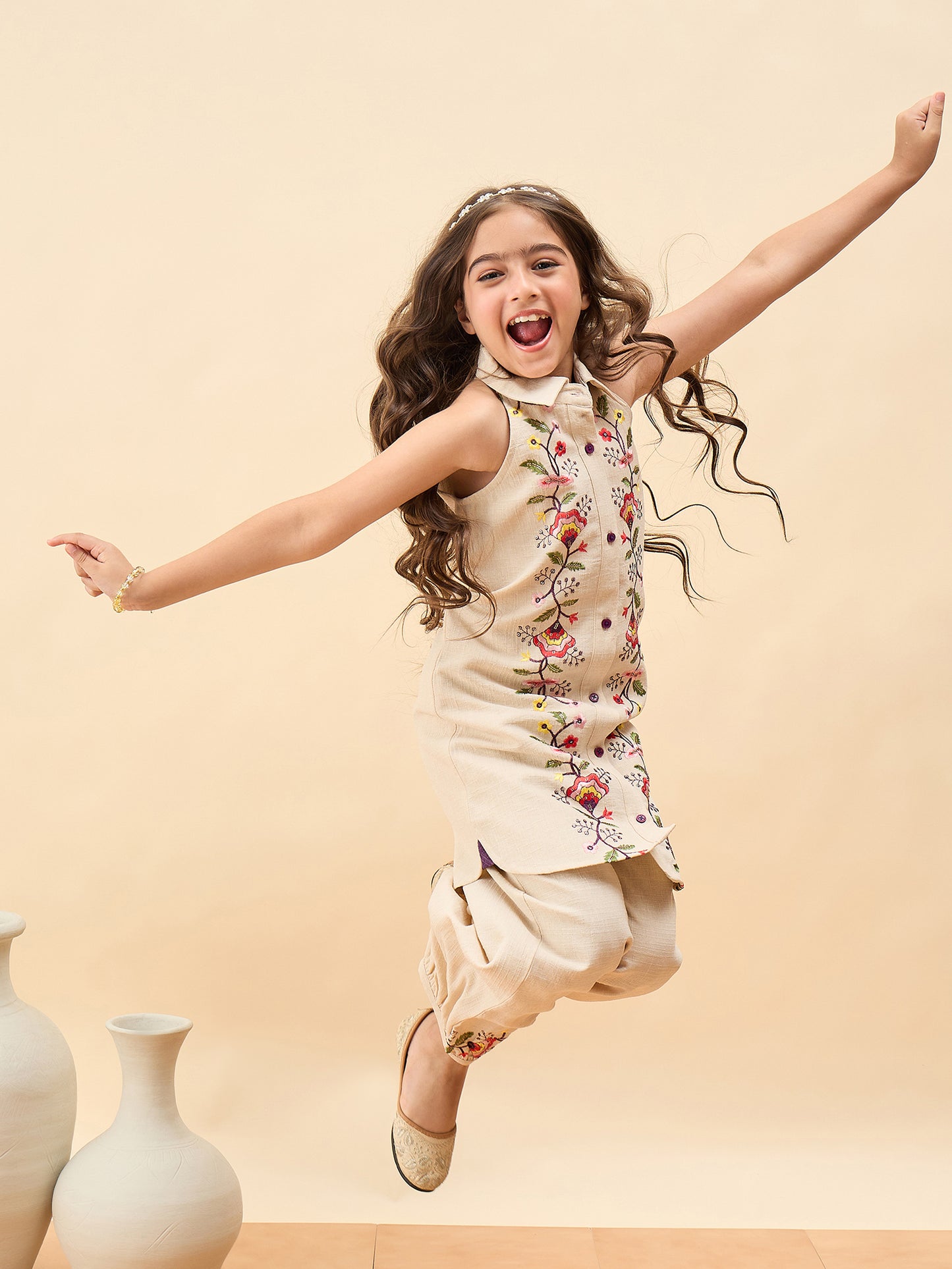 Girls Above Knee Embroidery Kurti Set - Off-White