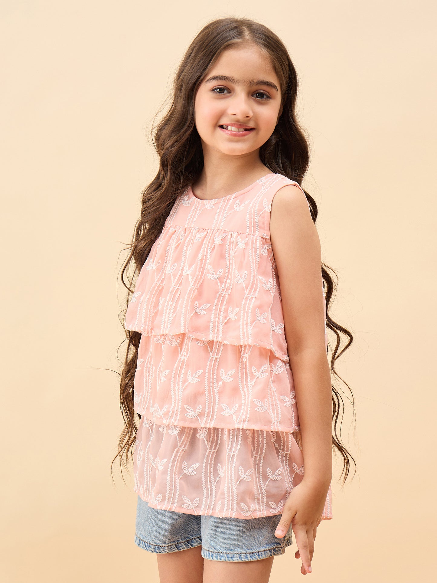 Girls Waist Length Embroidery Top - Peach