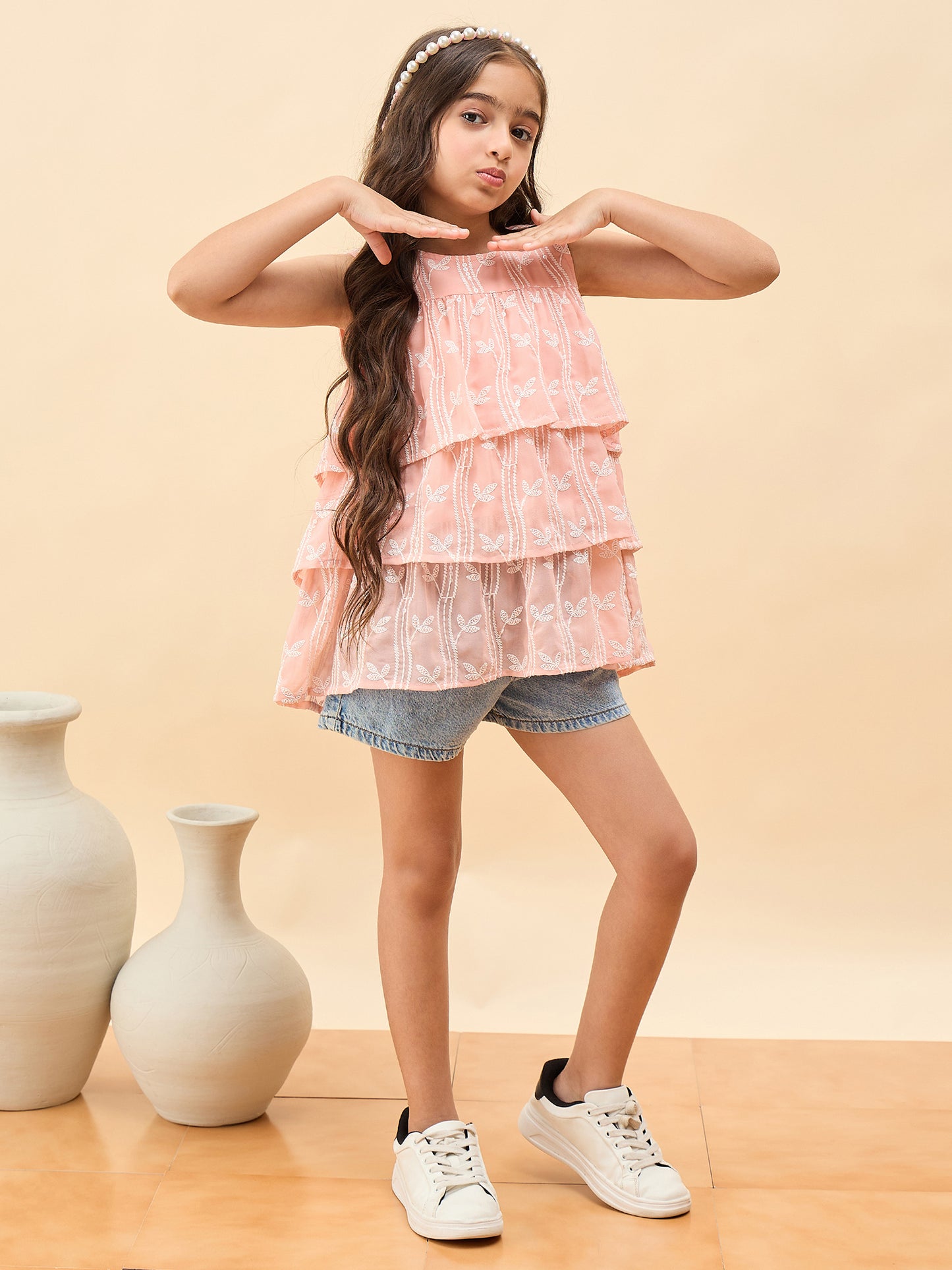 Girls Waist Length Embroidery Top - Peach
