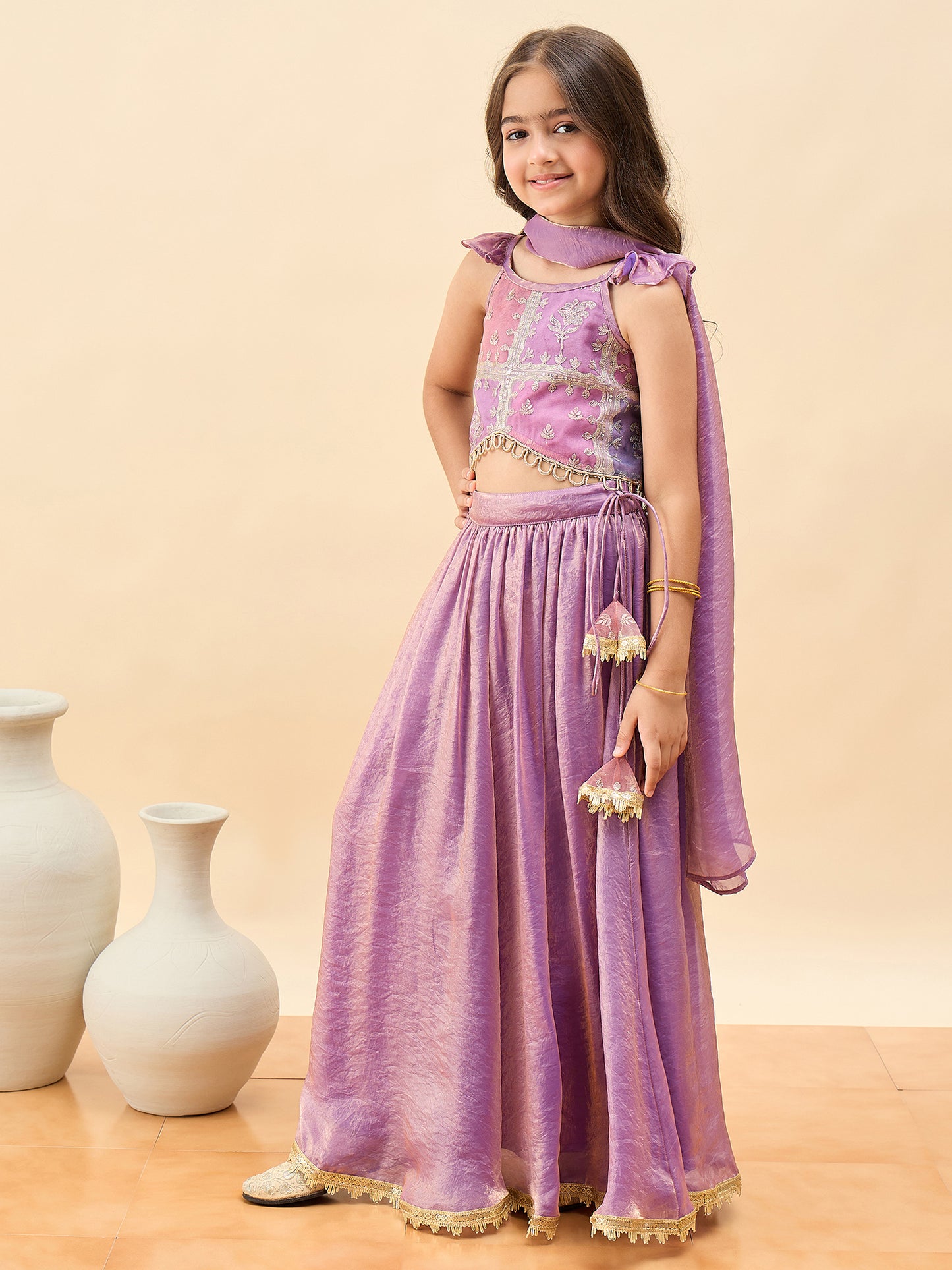 Girls Waist Length Embroidery Lehenga Choli - Purple