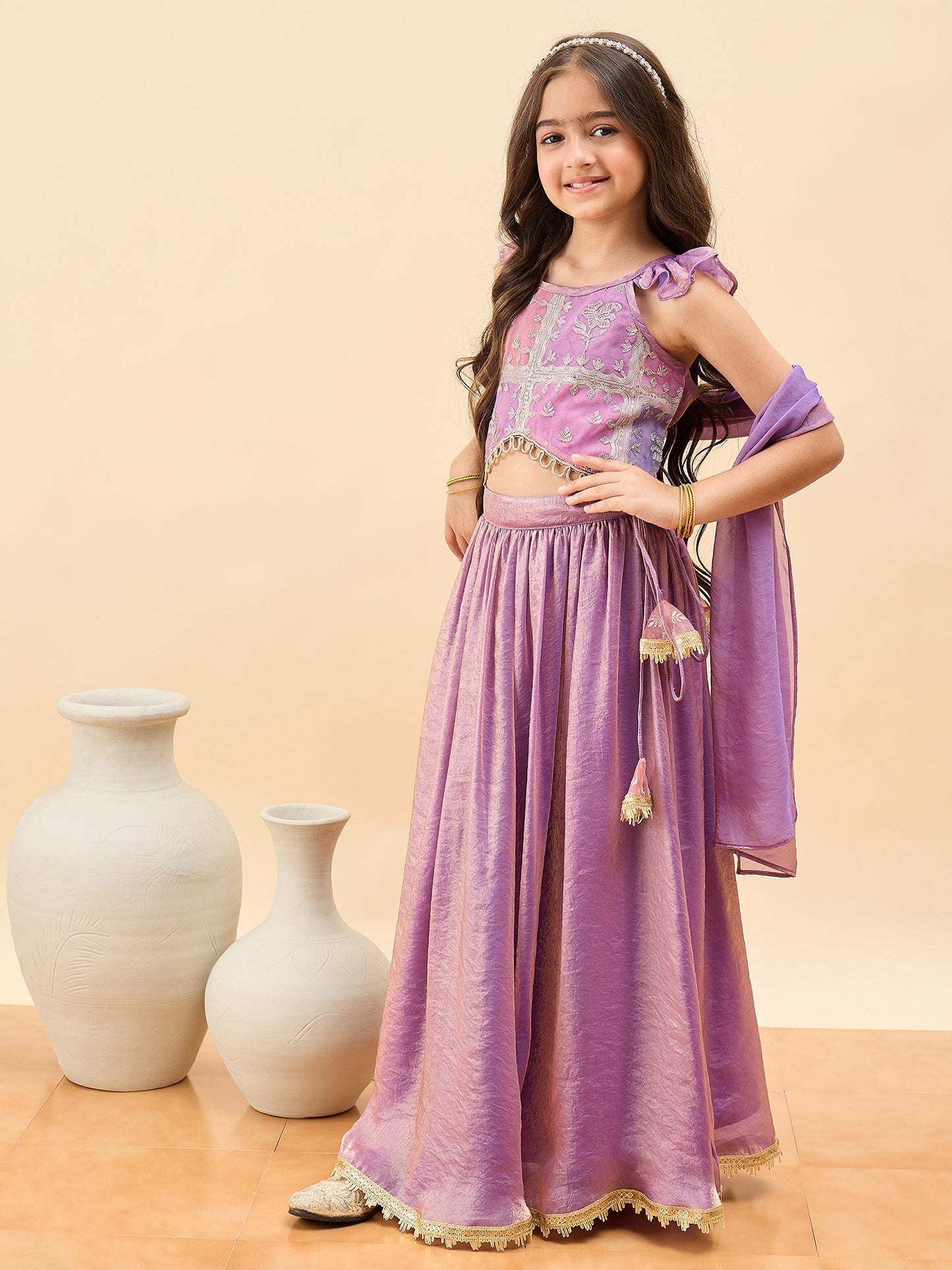 Girls Waist Length Embroidery Lehenga Choli - Purple