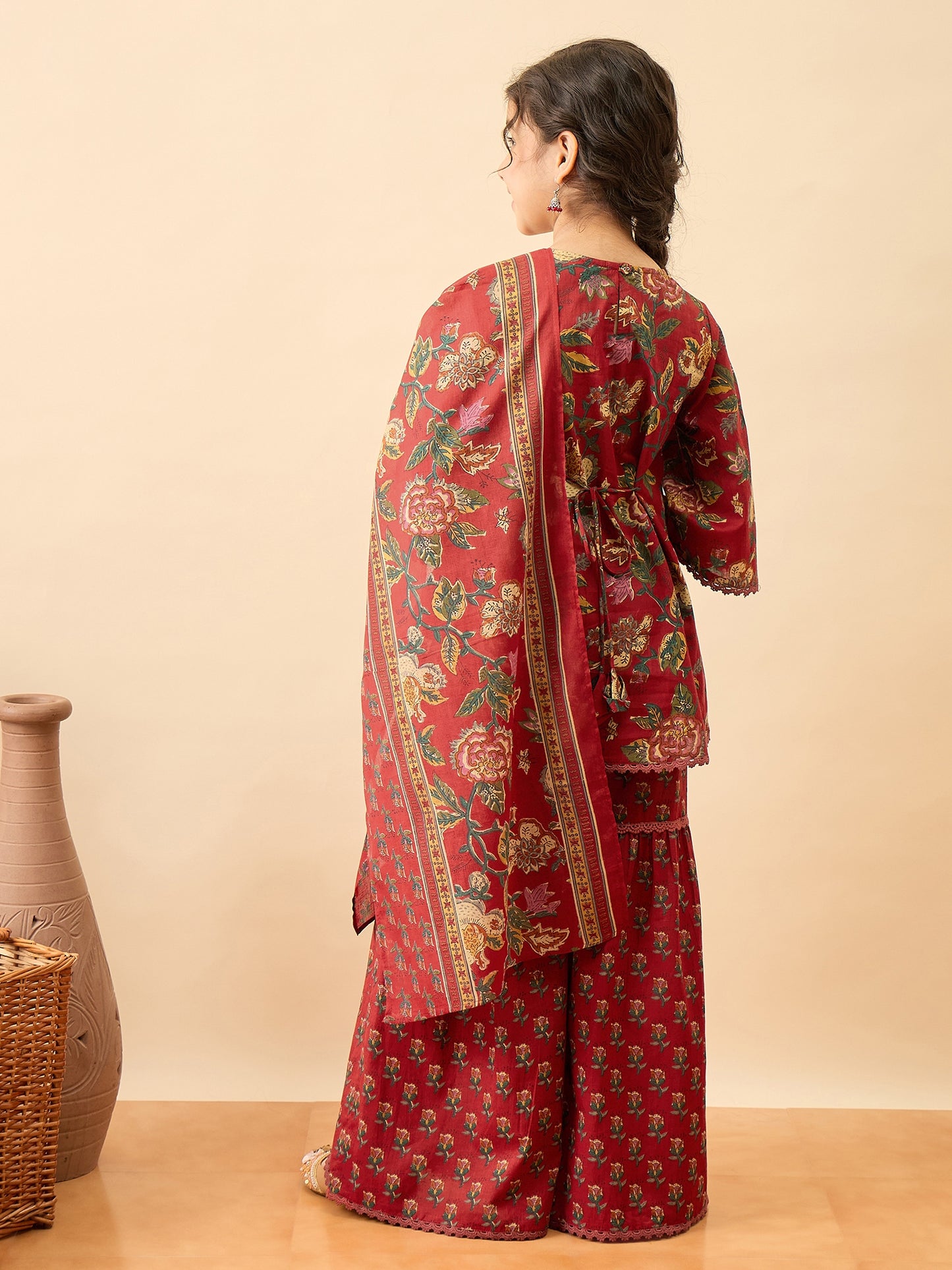 Girls Above Knee Printed Kurti Set - Maroon