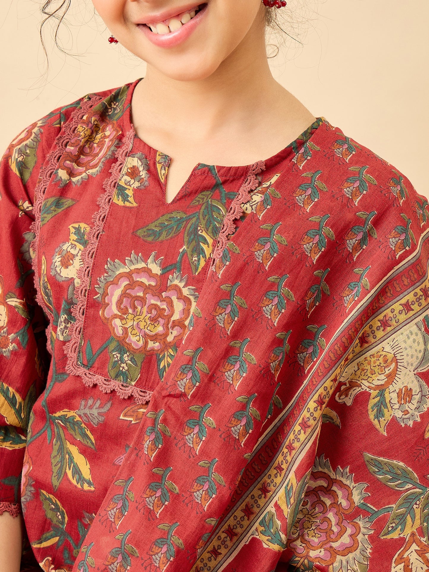 Girls Above Knee Printed Kurti Set - Maroon