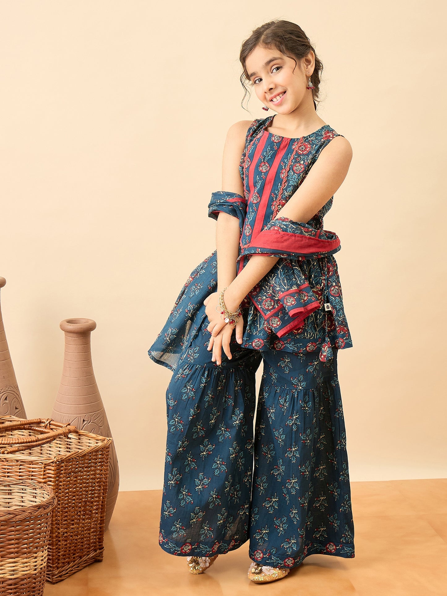 Girls Above Knee Printed Kurti Set - Blue