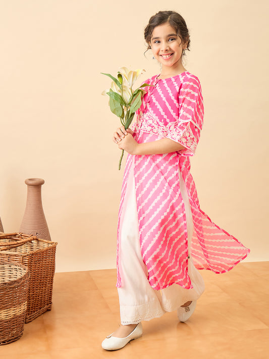 Girls Calf Length Embroidery Kurti Set - Magenta