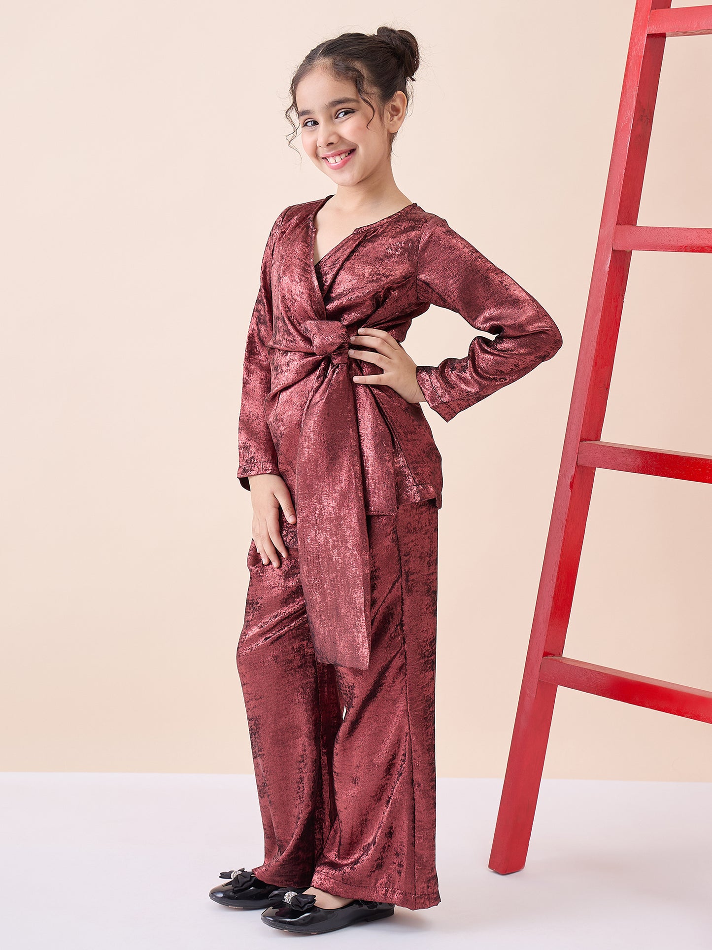 Girls Ankle Length Solid Top With Pants - Maroon