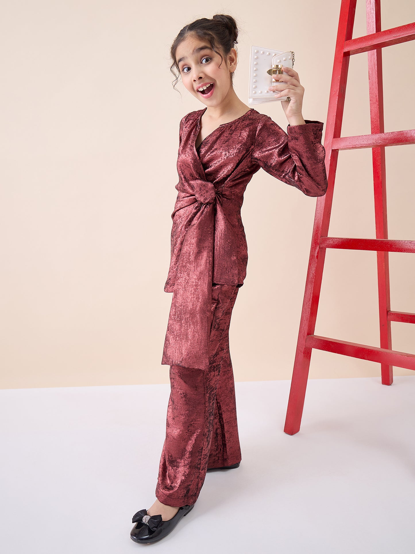 Girls Ankle Length Solid Top With Pants - Maroon