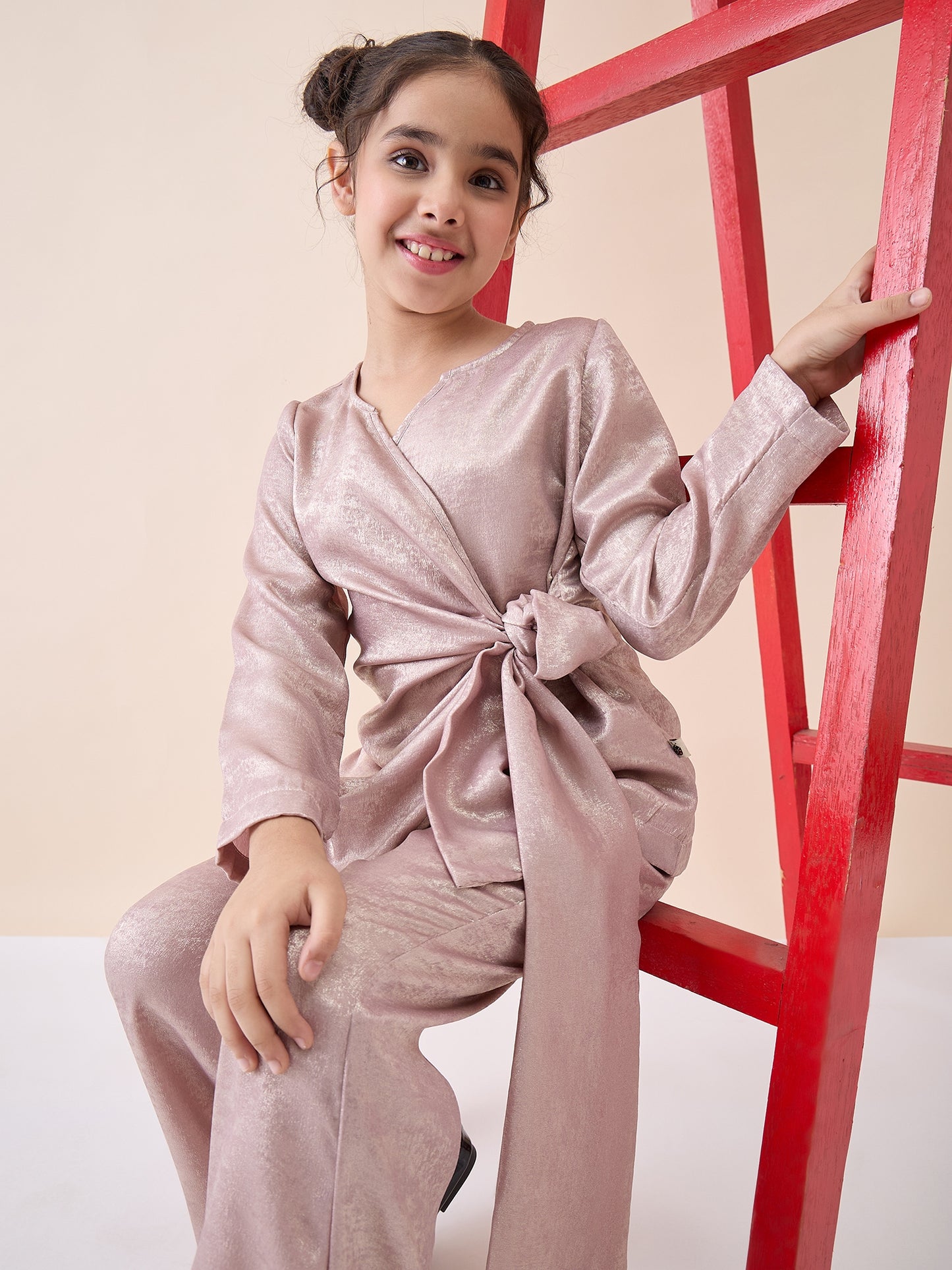 Girls Ankle Length Solid Top With Pants - Pink