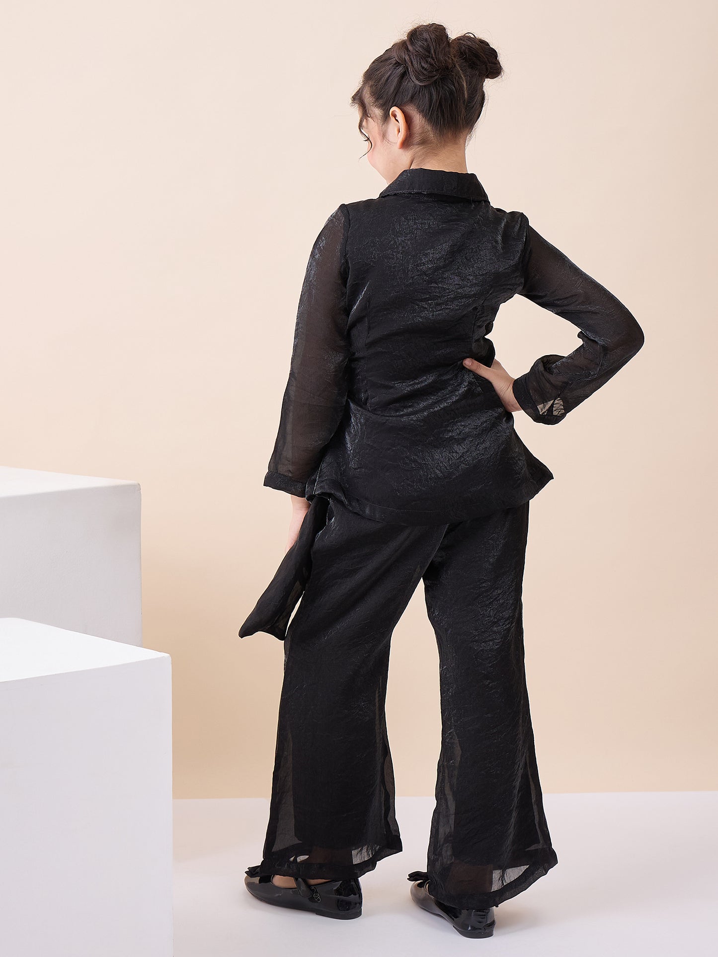 Girls Hip Length Solid Top With Pants - Black