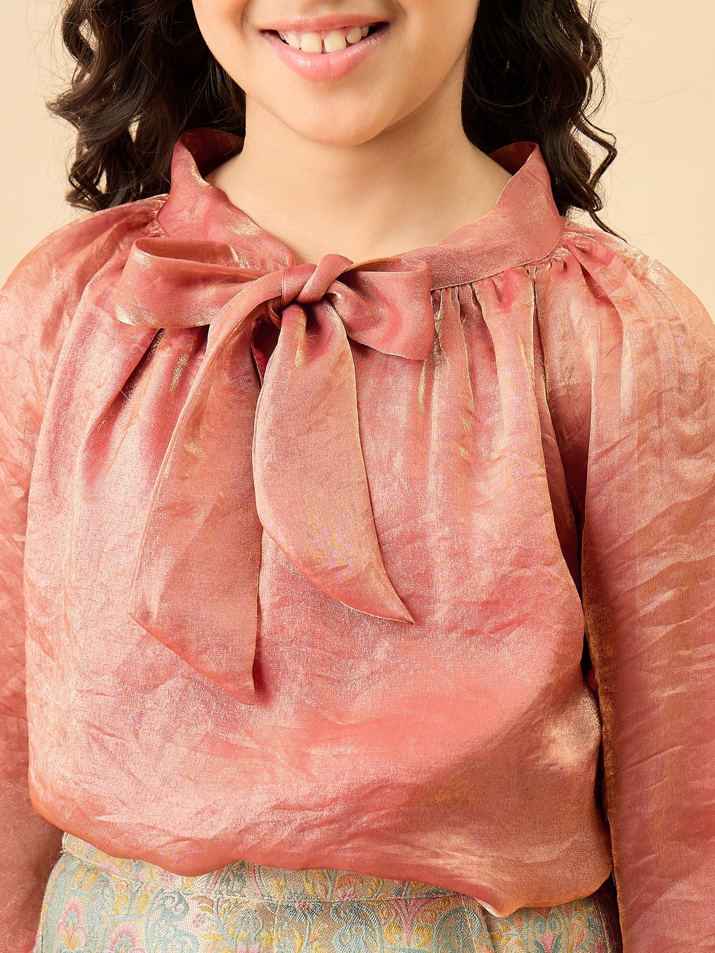 Girls Embroidery Top With Pants - Peach