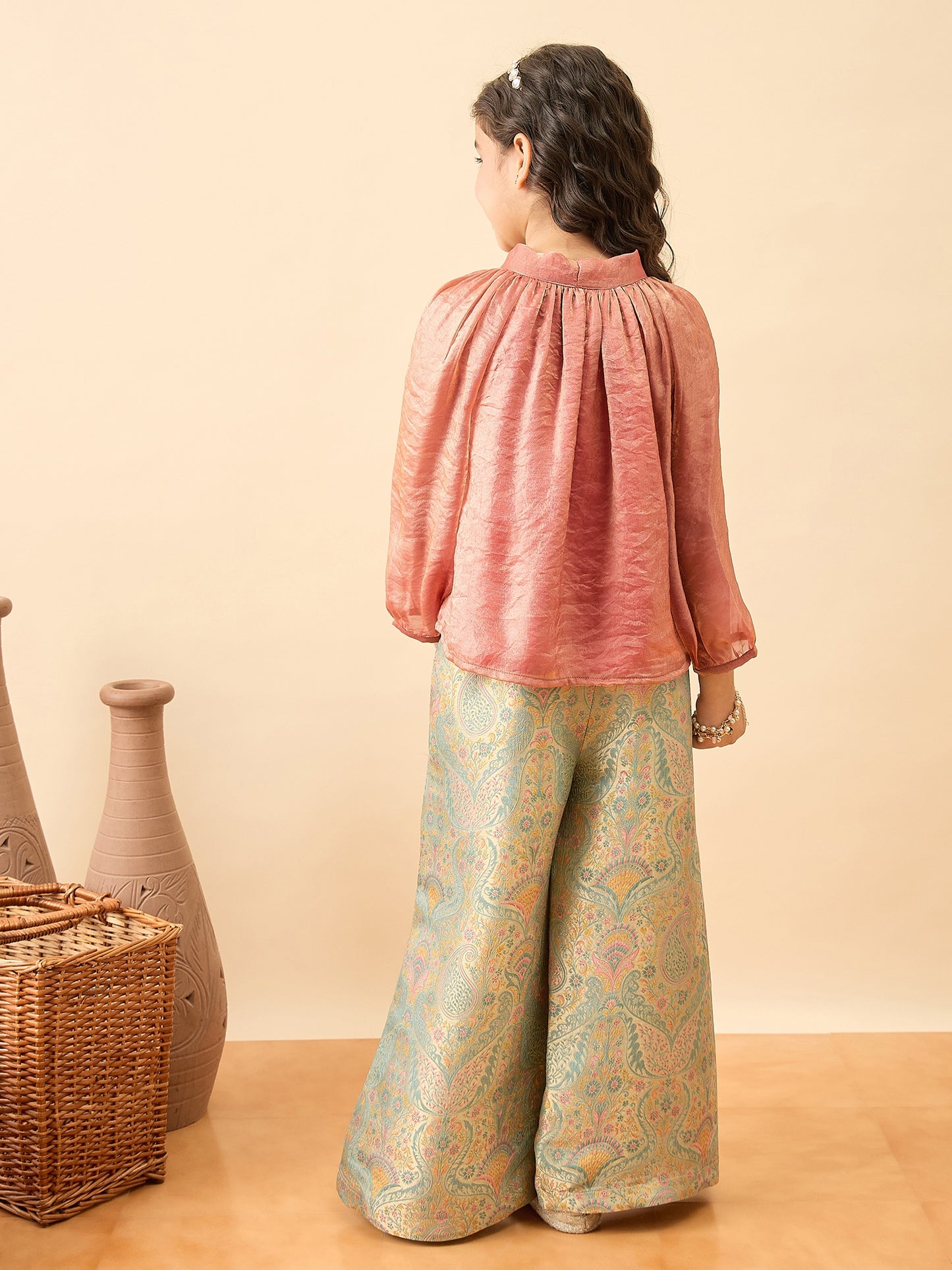 Girls Embroidery Top With Pants - Peach