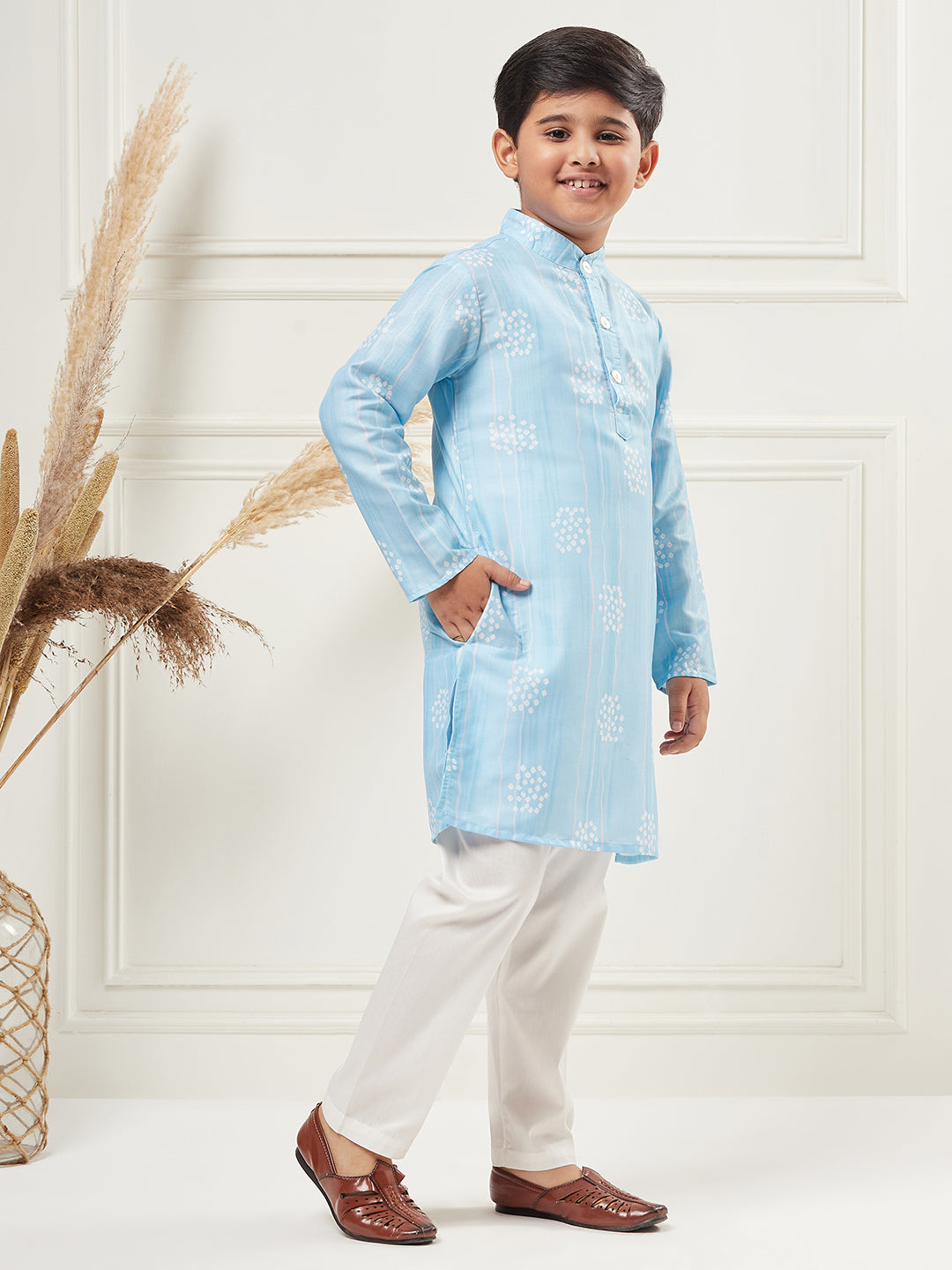Boys Blue Printed Polyester Kurta Set
